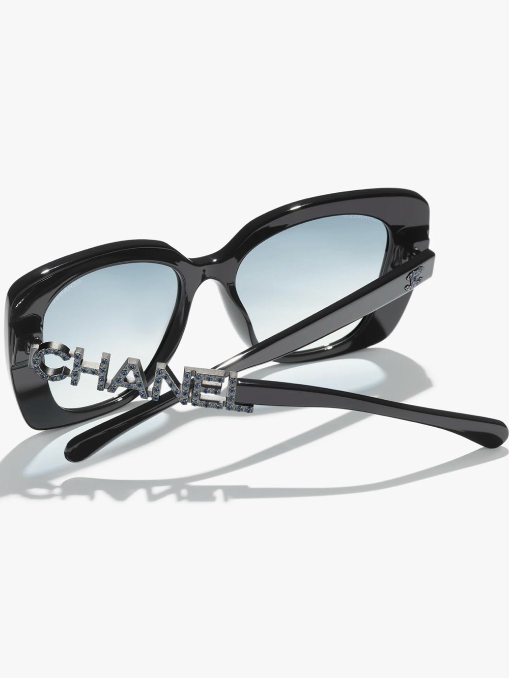 CHANEL Blue Logo Crystal Accent Cat-Eye Sunglasses